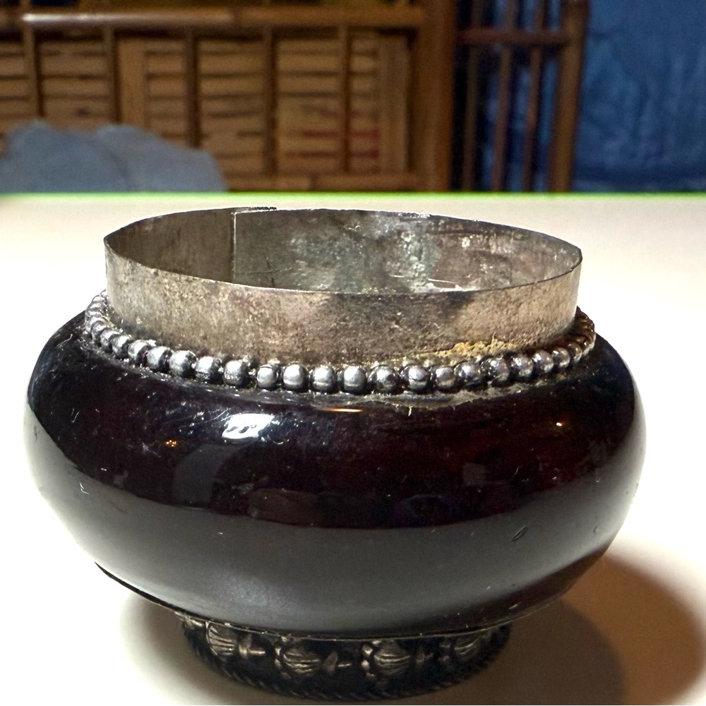 Handcrafted Dark Brown Miniature Glass and Silver Accent container